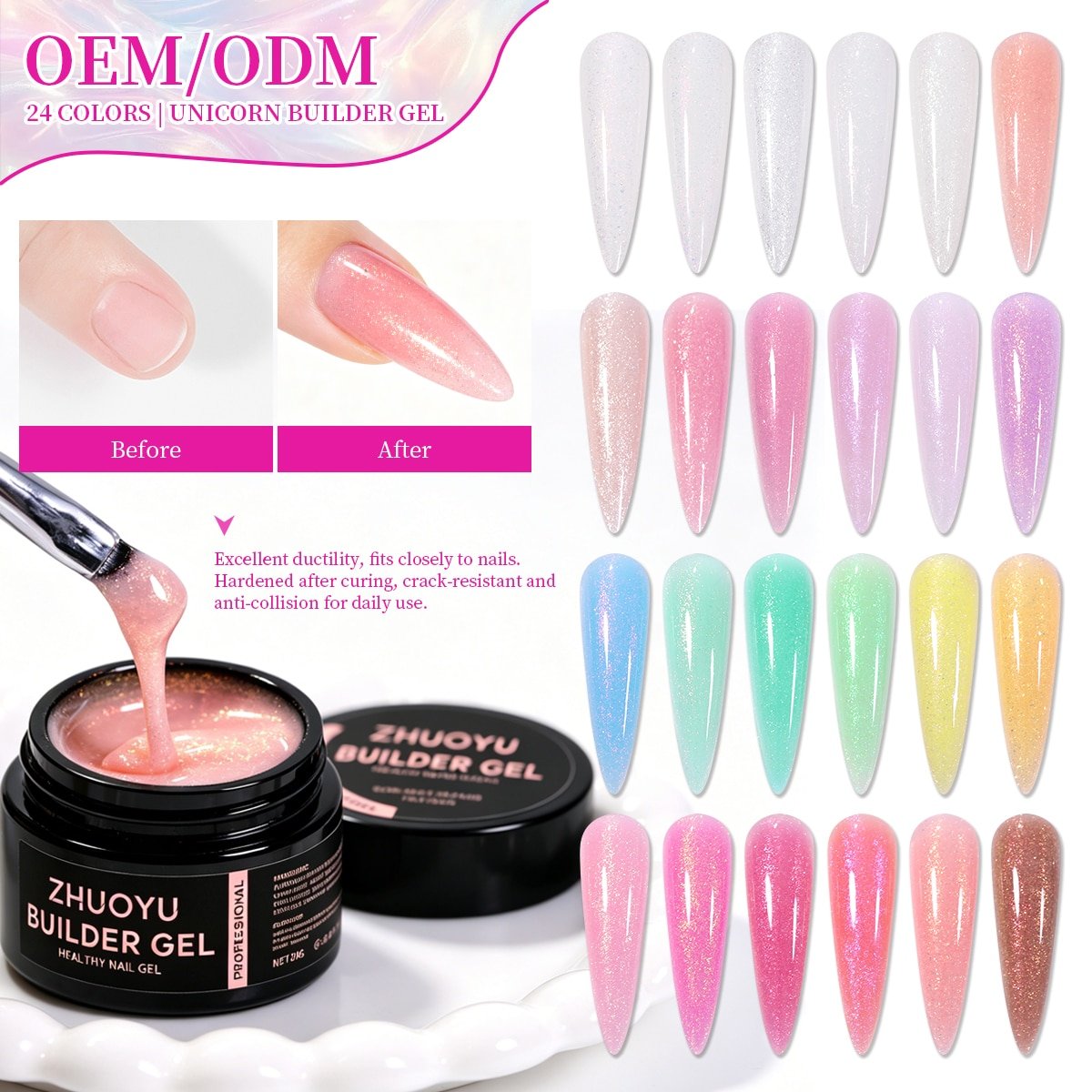 Custom 24-Color Unicorn Builder Gel | High-Shine Holographic Effect | Expert Private Label & OEM